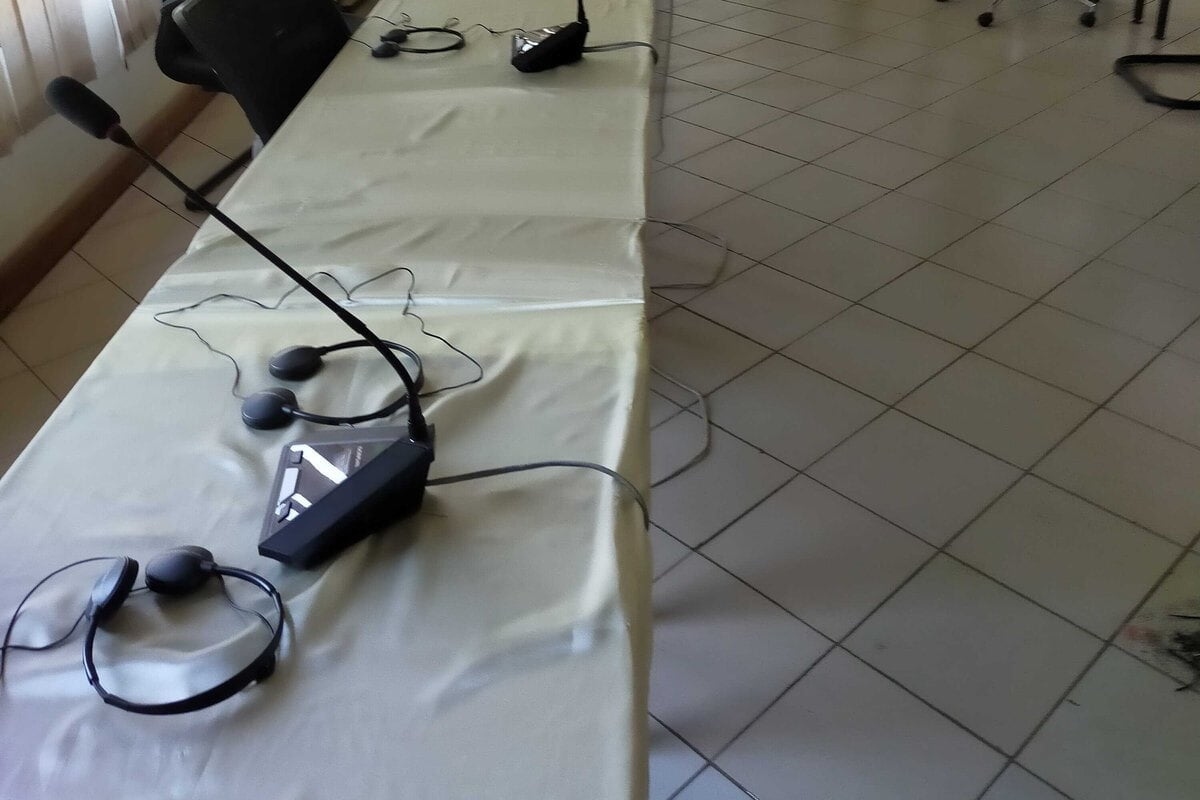 Conference microphones and delegate headsets at a BCE audio installation