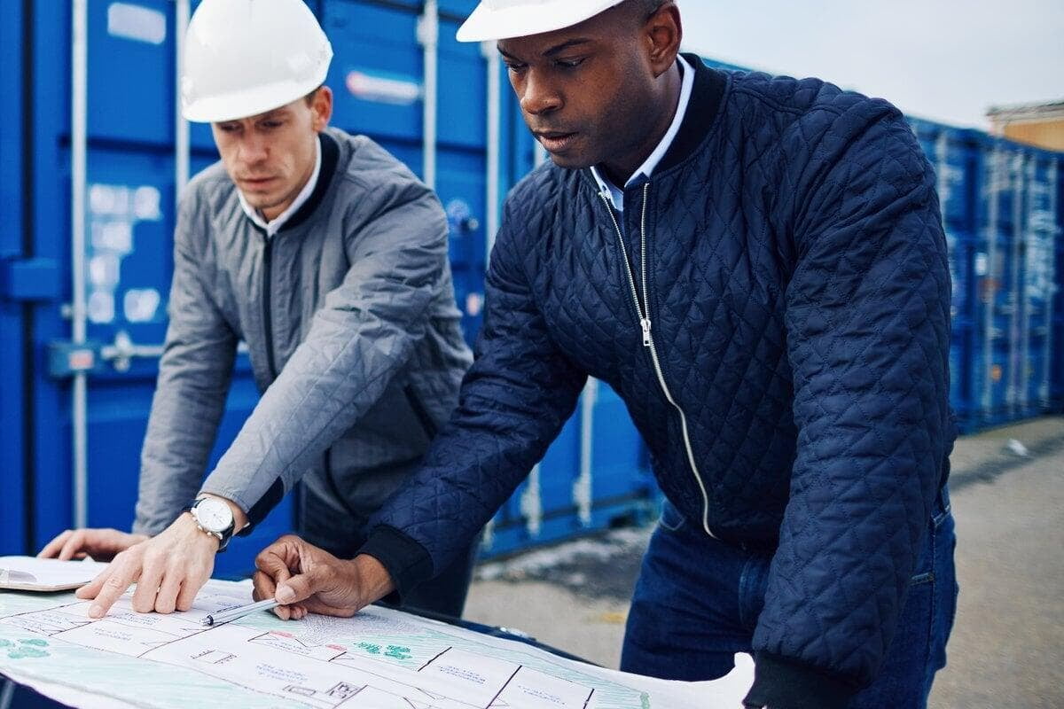 Engineers working from site drawings before installation