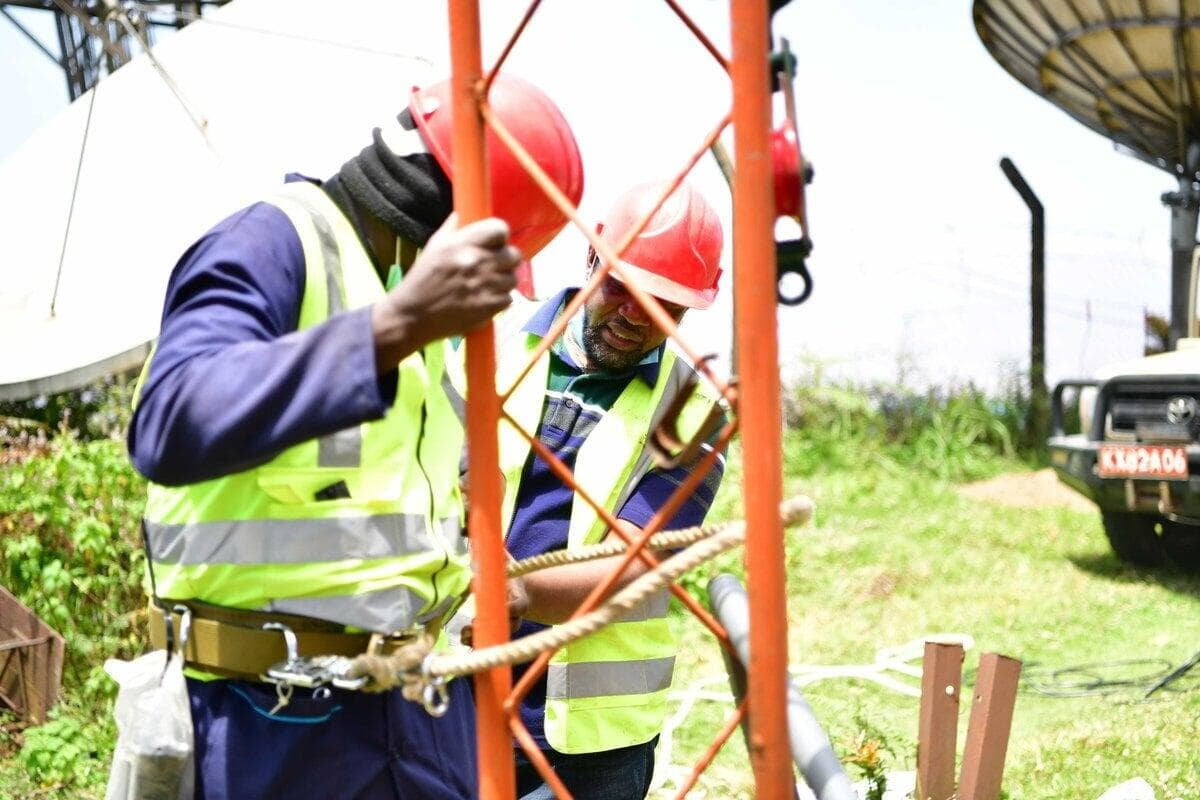 Two BCE technicians installing equipment on a mast
